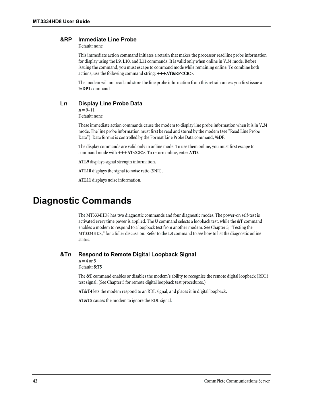 Multi-Tech Systems MT3334HD8 manual Diagnostic Commands, RP Immediate Line Probe, Ln Display Line Probe Data 