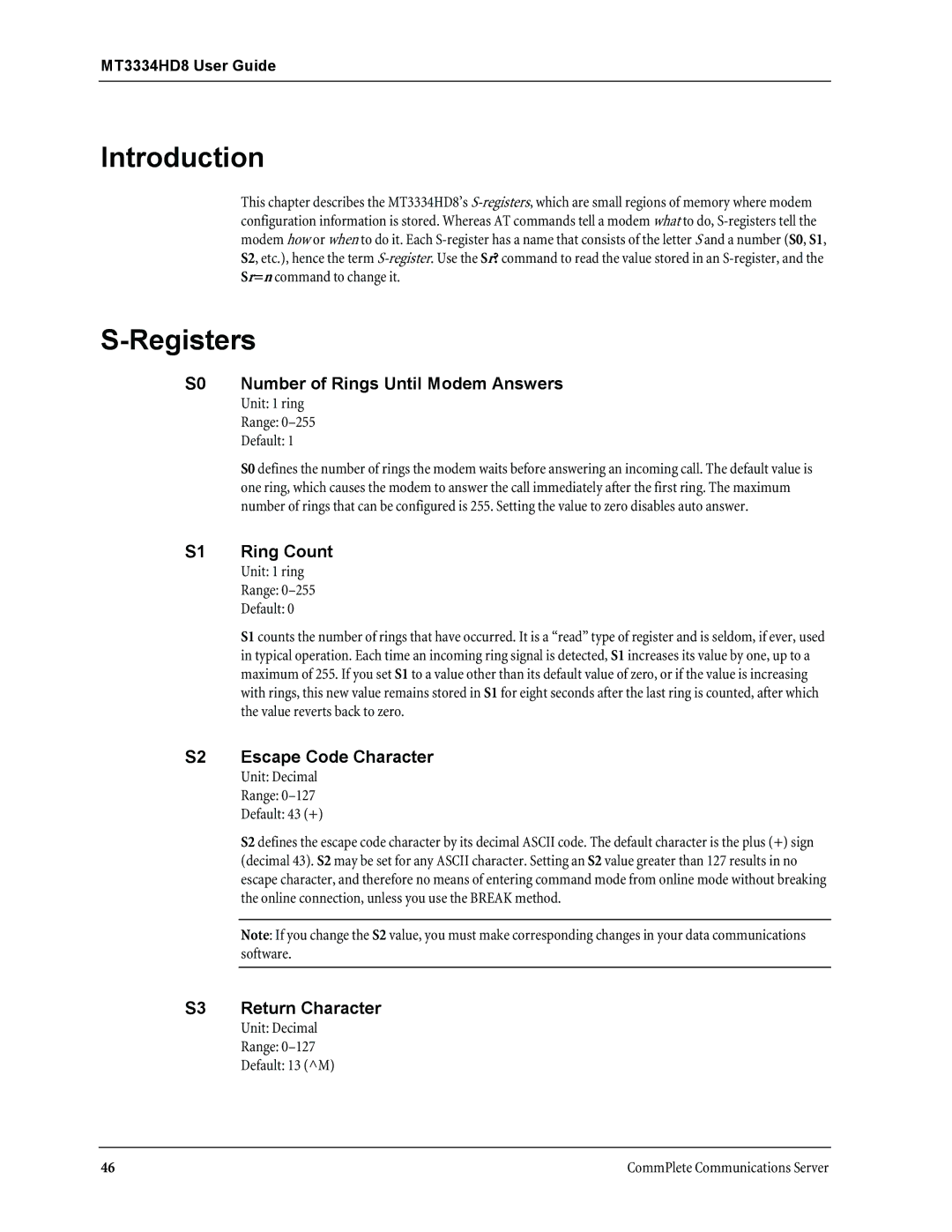 Multi-Tech Systems MT3334HD8 Registers, S0 Number of Rings Until Modem Answers, S1 Ring Count, S2 Escape Code Character 