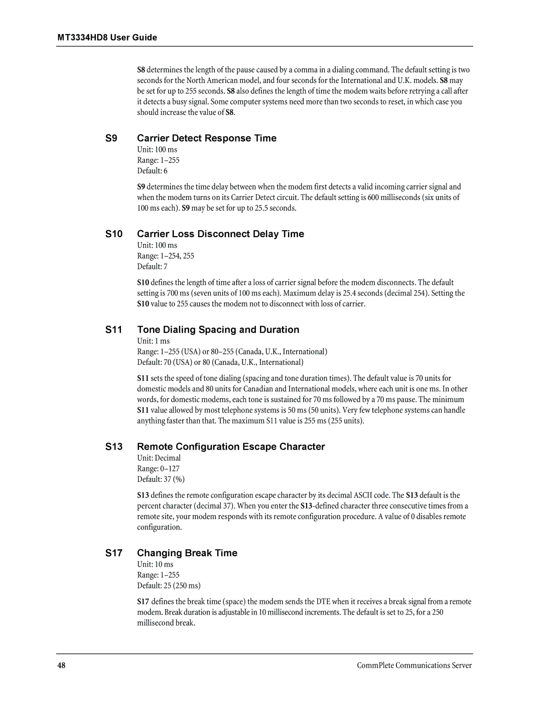 Multi-Tech Systems MT3334HD8 manual S9 Carrier Detect Response Time, S10 Carrier Loss Disconnect Delay Time 
