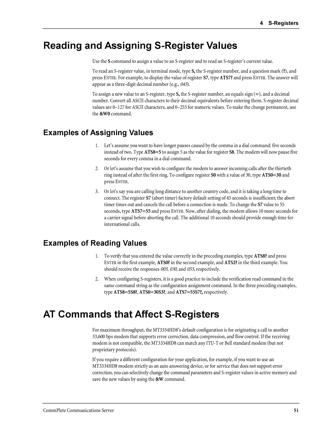 Multi-Tech Systems MT3334HD8 manual Reading and Assigning S-Register Values, AT Commands that Affect S-Registers 