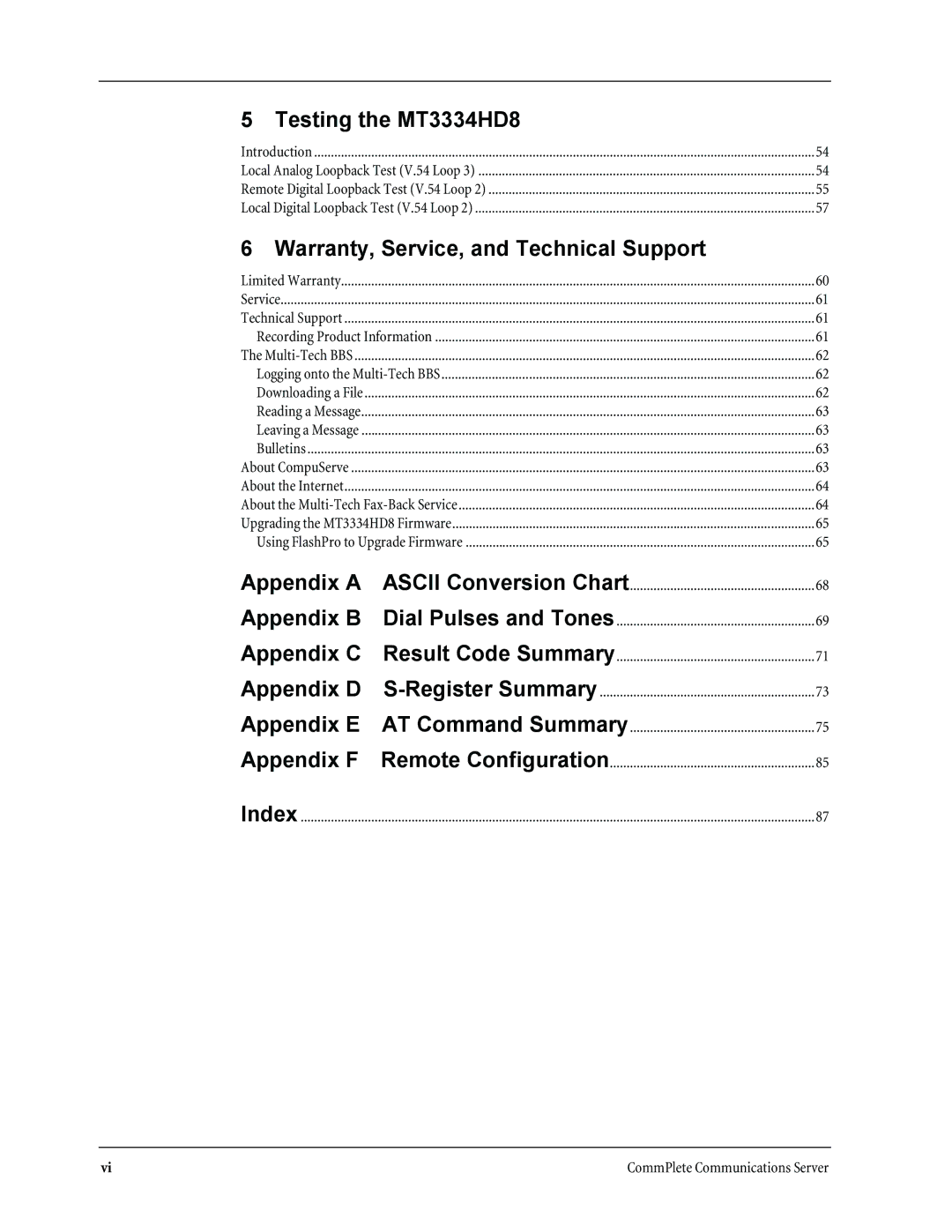 Multi-Tech Systems manual Testing the MT3334HD8, Warranty, Service, and Technical Support, Appendix D, Appendix F 