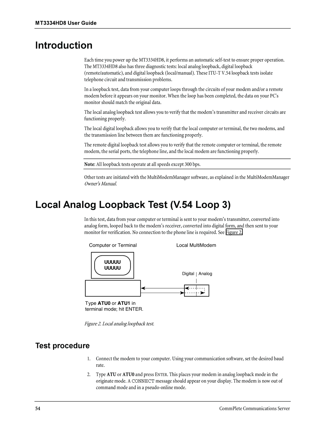 Multi-Tech Systems MT3334HD8 manual Local Analog Loopback Test V.54 Loop, Test procedure 