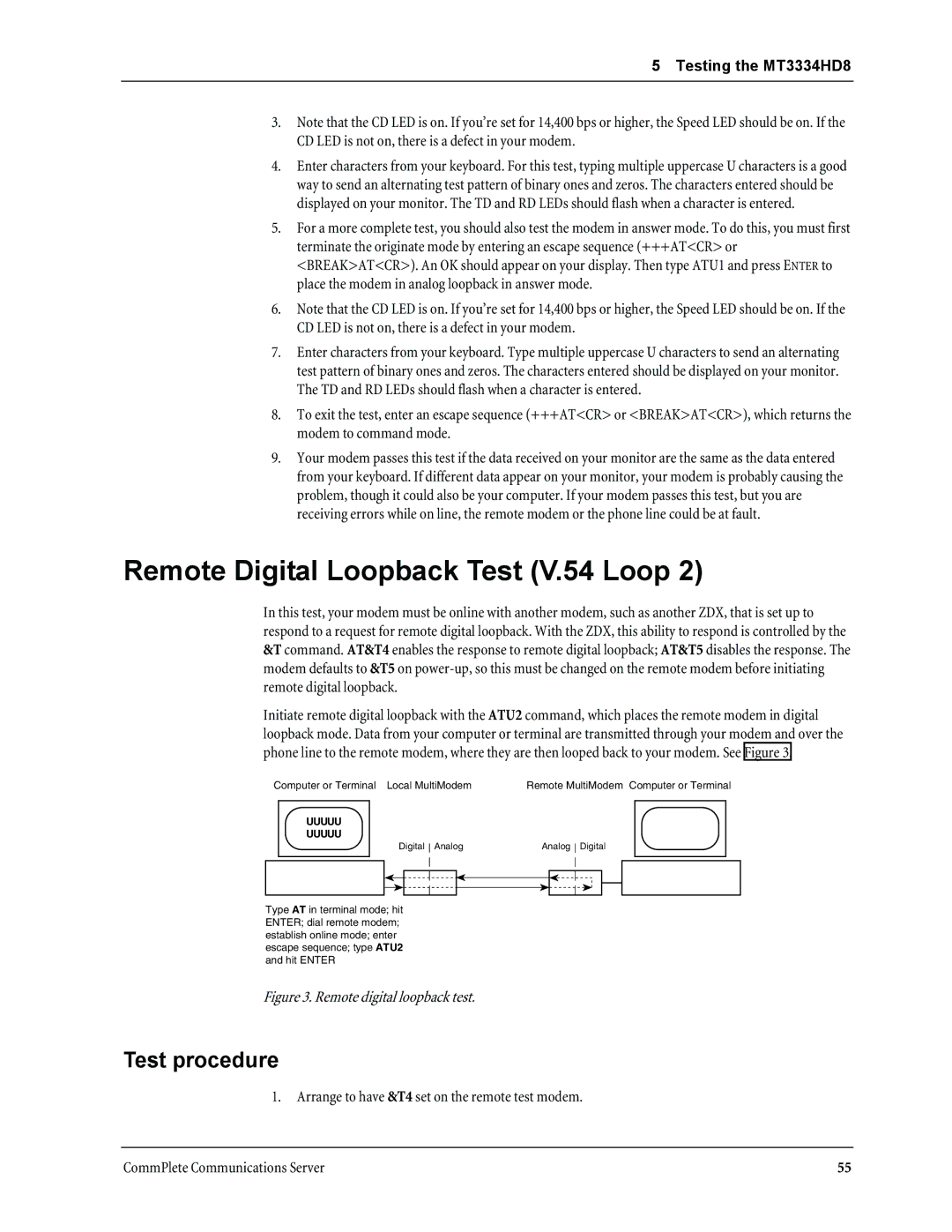 Multi-Tech Systems manual Remote Digital Loopback Test V.54 Loop, Testing the MT3334HD8 