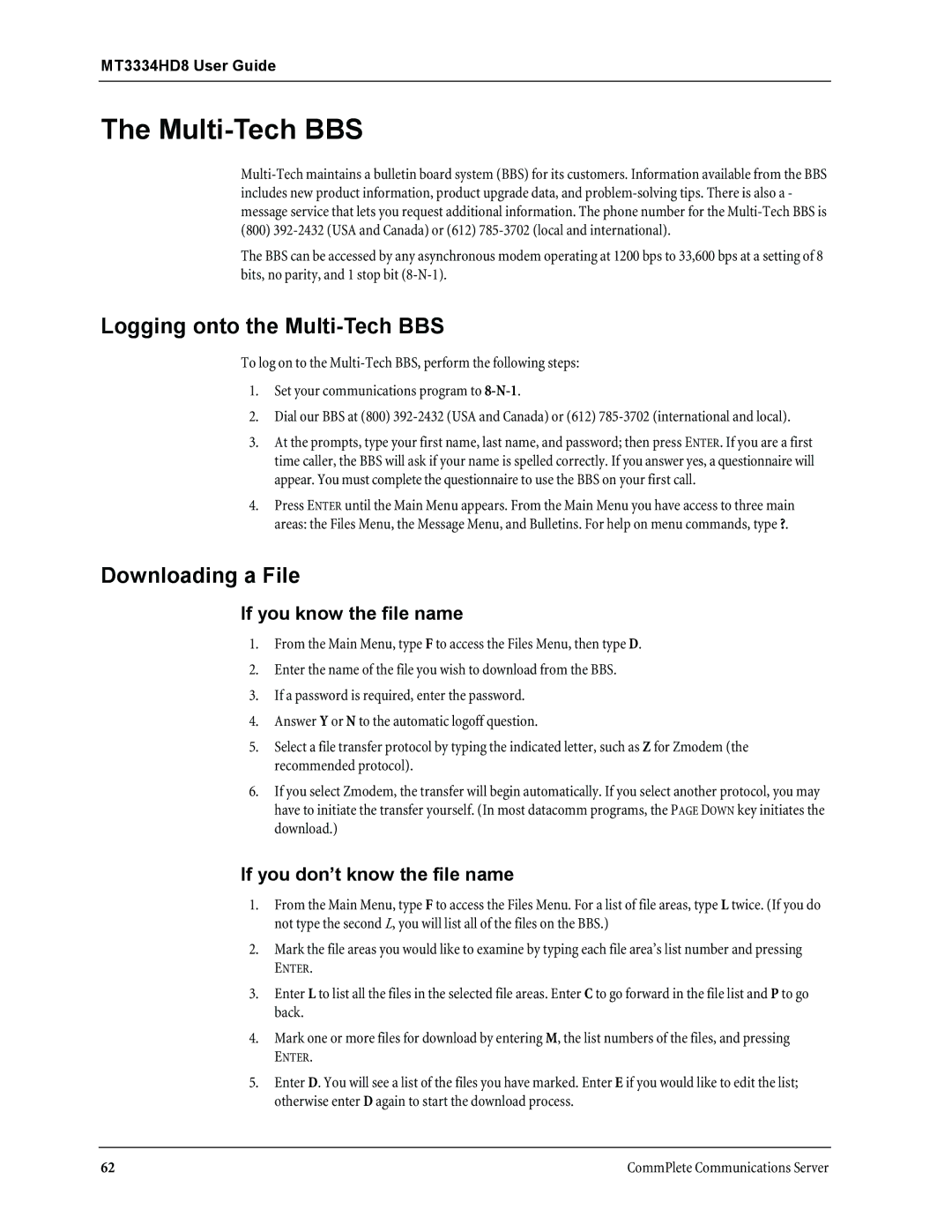 Multi-Tech Systems MT3334HD8 manual Logging onto the Multi-Tech BBS, Downloading a File 