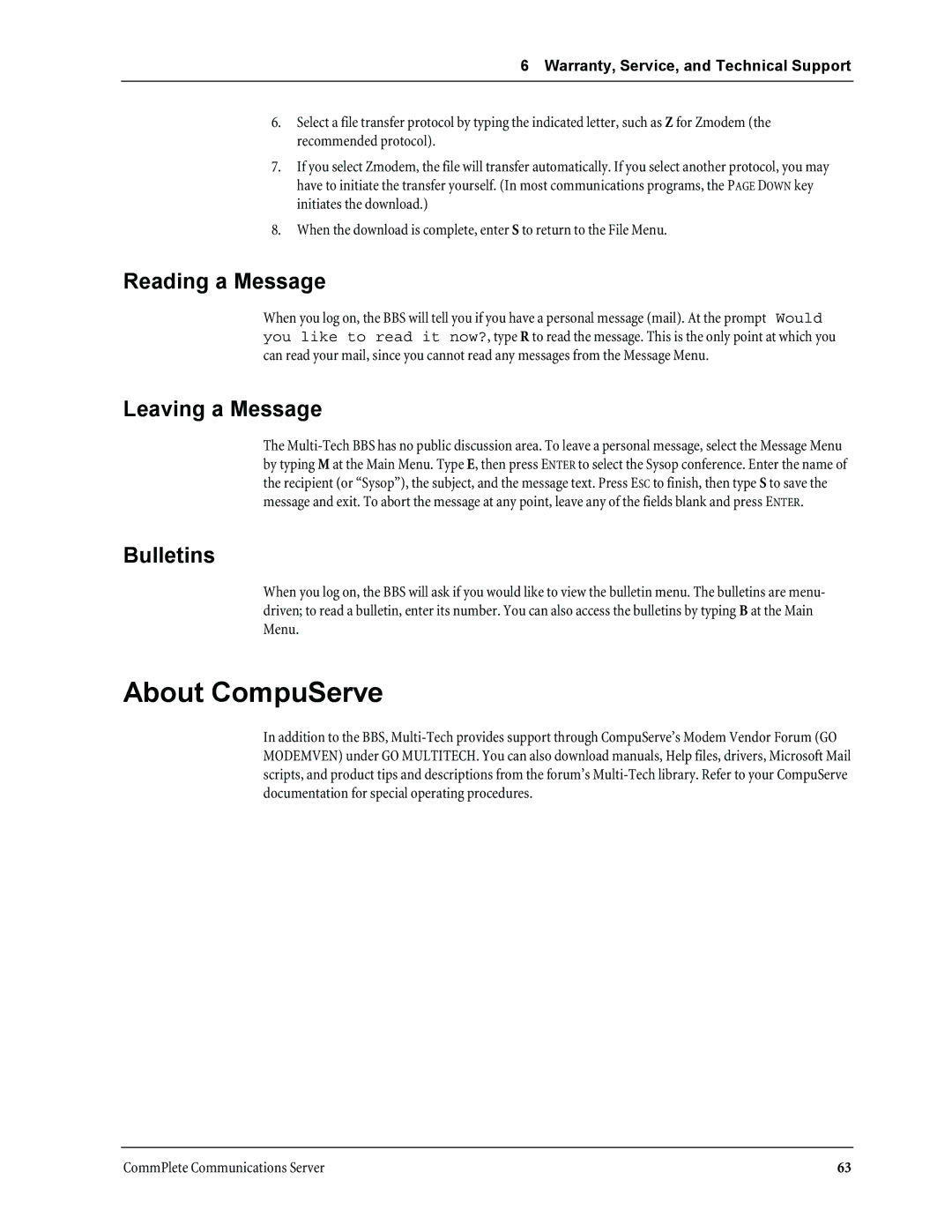 Multi-Tech Systems MT3334HD8 manual About CompuServe, Reading a Message, Leaving a Message, Bulletins 