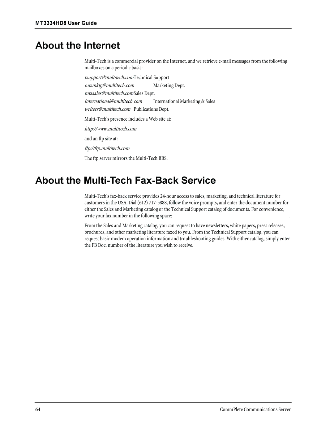 Multi-Tech Systems MT3334HD8 manual About the Internet, About the Multi-Tech Fax-Back Service 