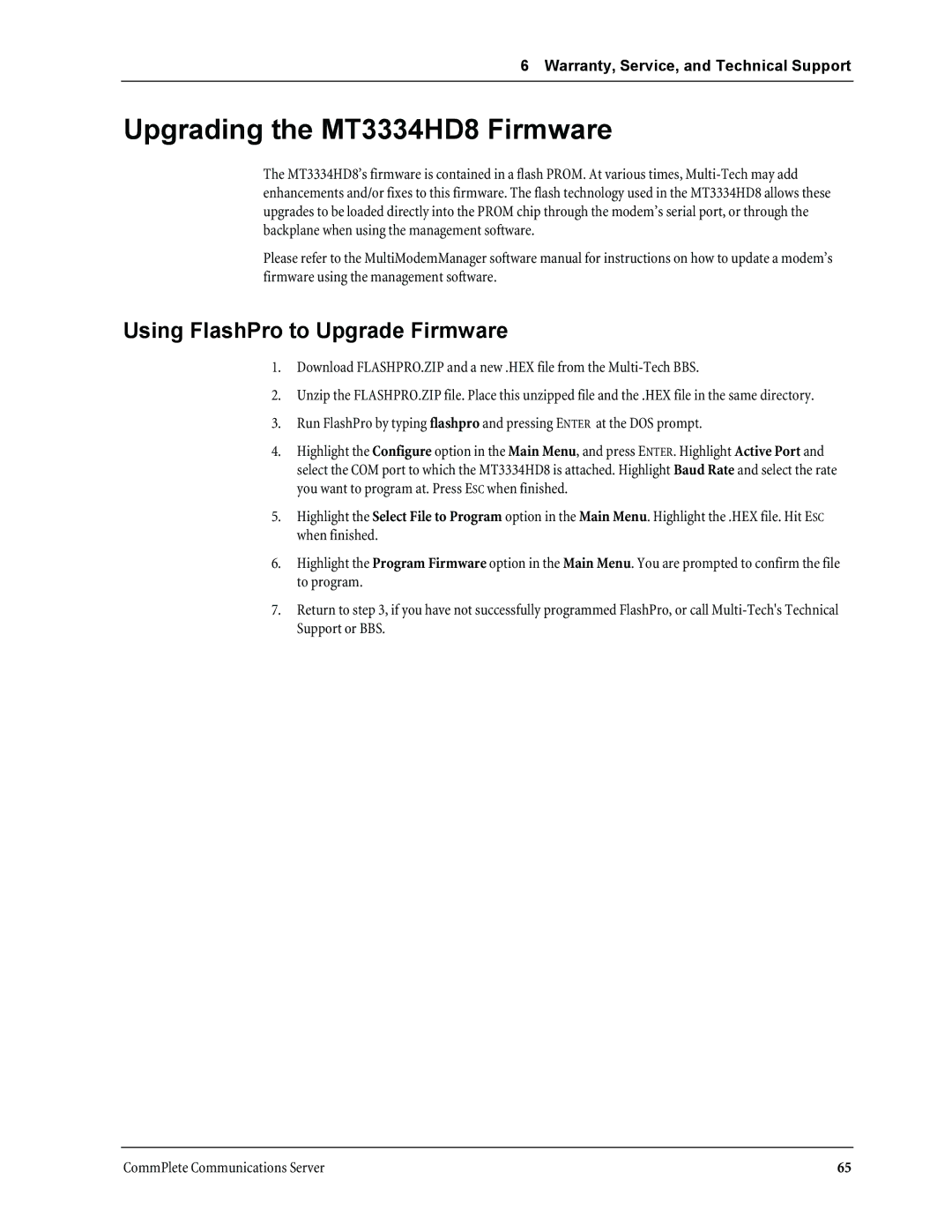 Multi-Tech Systems manual Upgrading the MT3334HD8 Firmware, Using FlashPro to Upgrade Firmware 