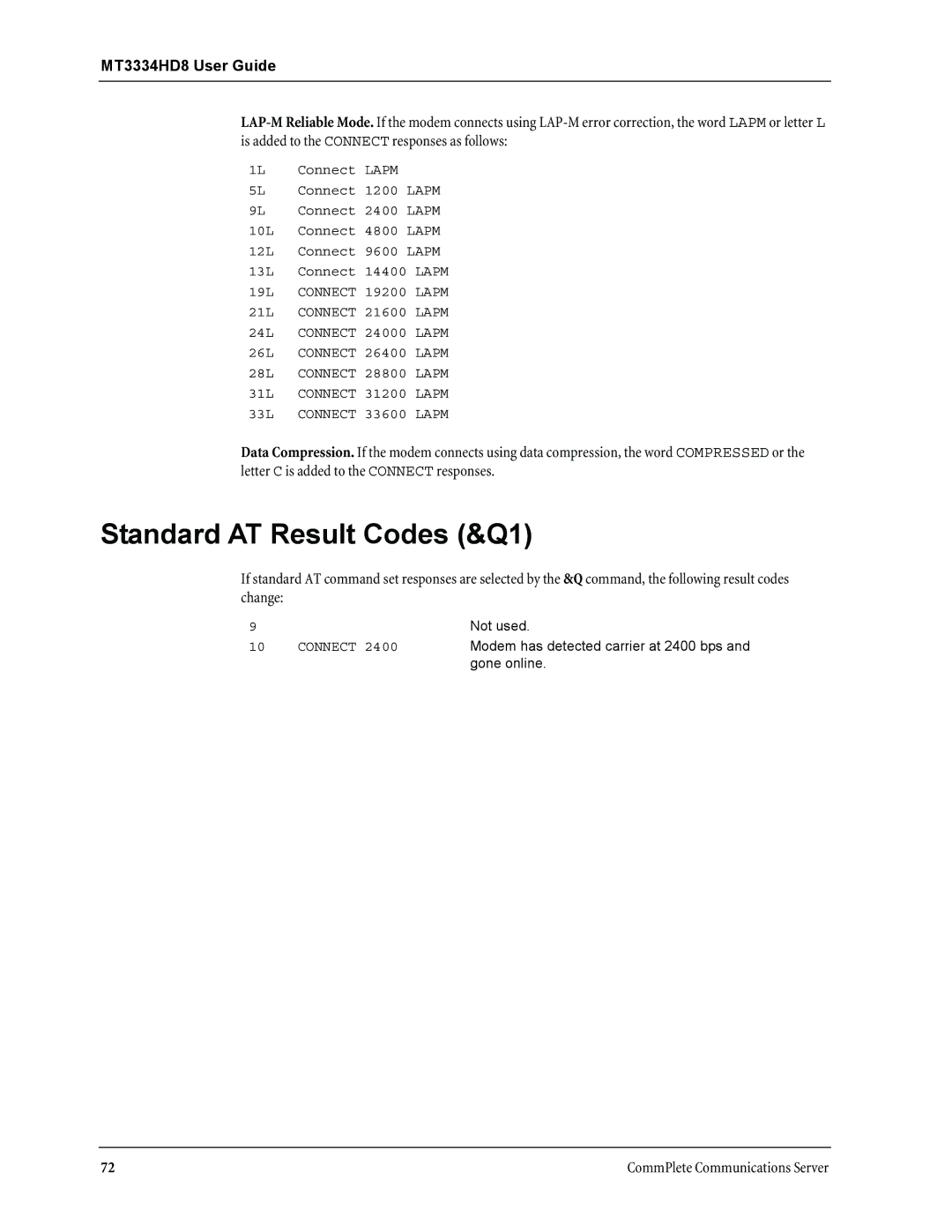 Multi-Tech Systems MT3334HD8 manual Standard AT Result Codes &Q1 