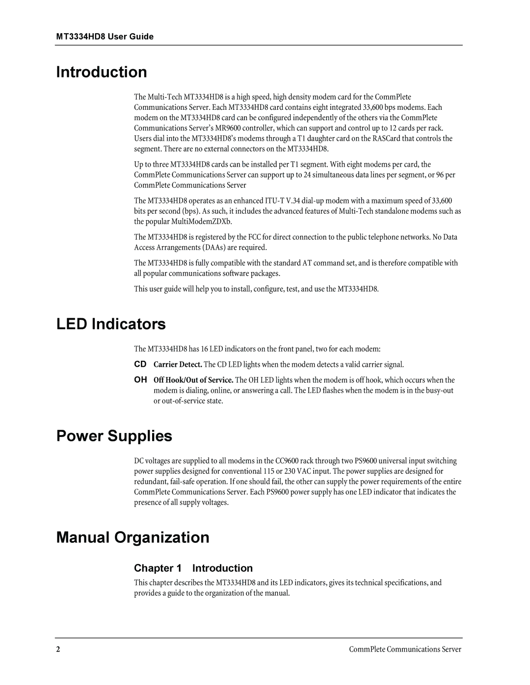 Multi-Tech Systems MT3334HD8 manual Introduction, LED Indicators, Power Supplies, Manual Organization 