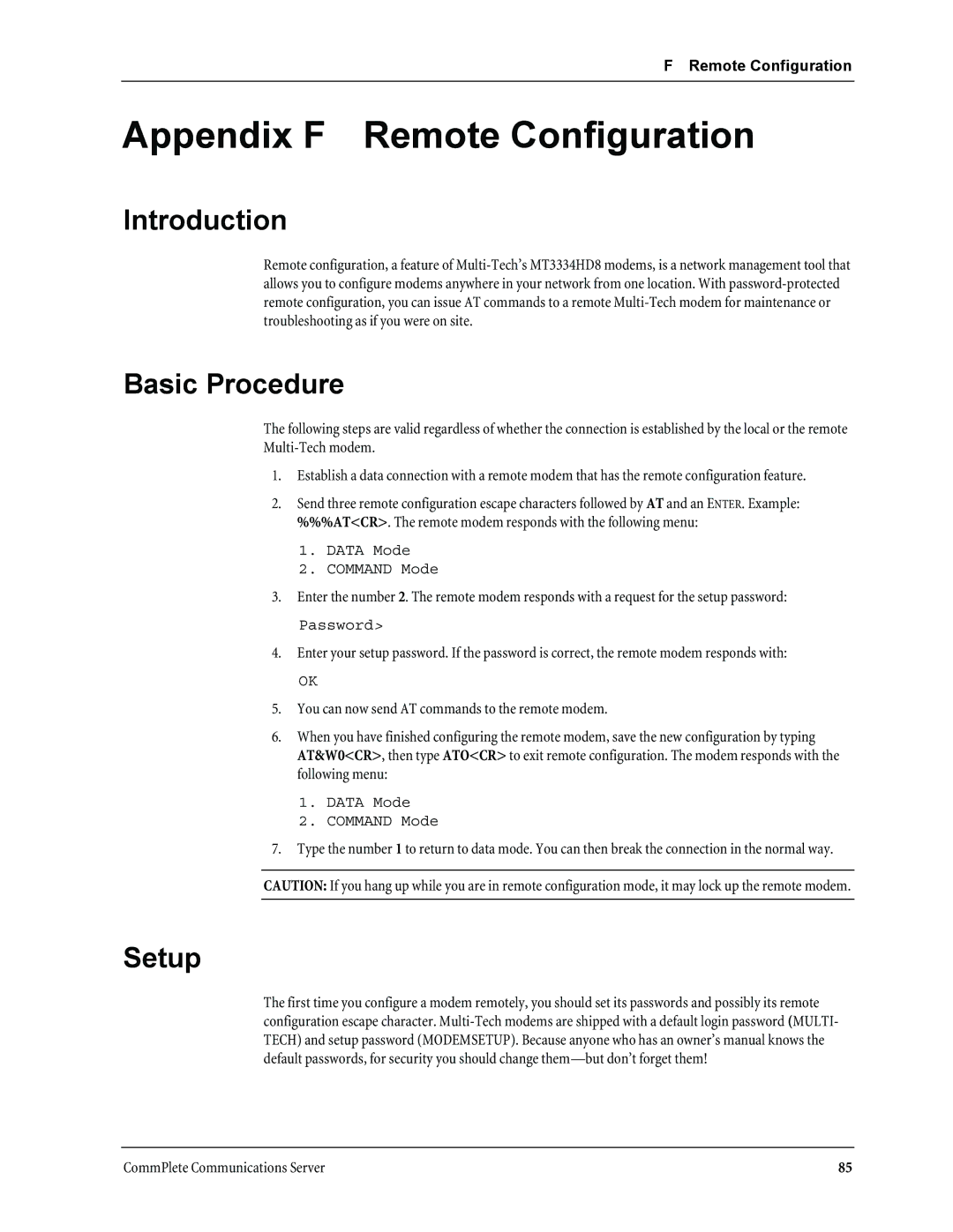 Multi-Tech Systems MT3334HD8 manual Appendix F Remote Configuration, Basic Procedure, Setup 