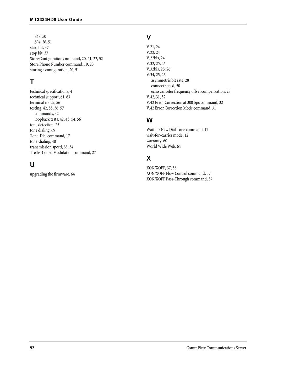 Multi-Tech Systems MT3334HD8 manual Commands Loopback tests, 42, 43, 54, 56 tone detection 