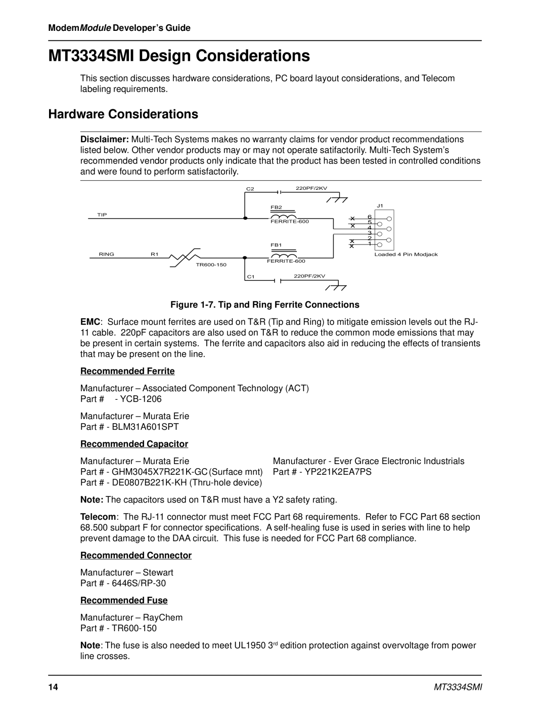 Multi-Tech Systems manual MT3334SMI Design Considerations, Hardware Considerations 