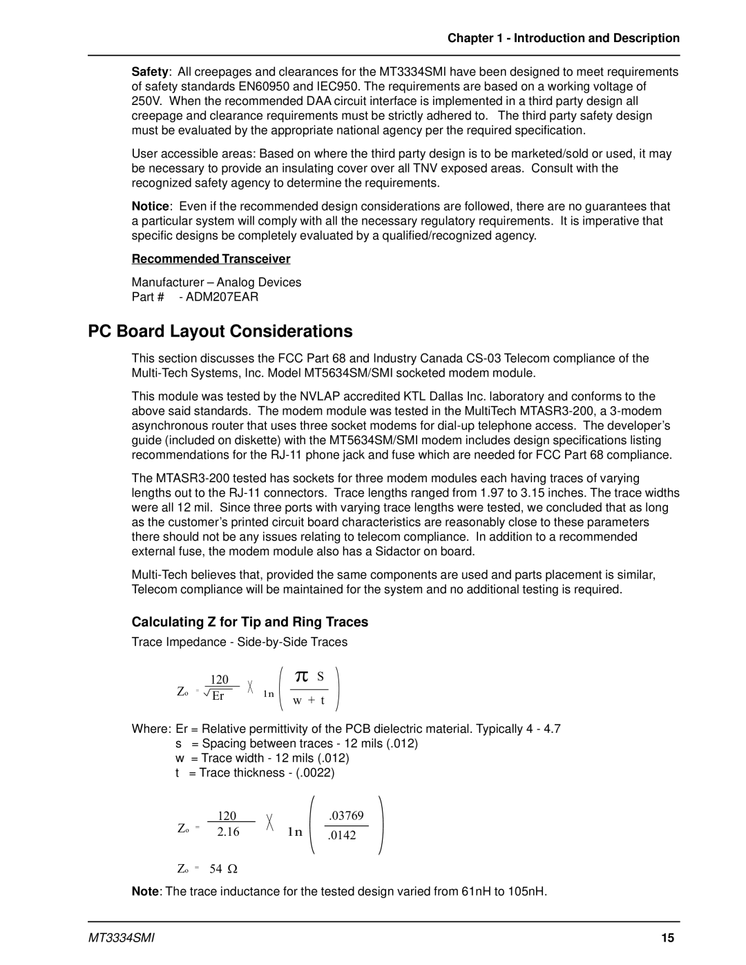 Multi-Tech Systems MT3334SMI manual PC Board Layout Considerations, Calculating Z for Tip and Ring Traces 