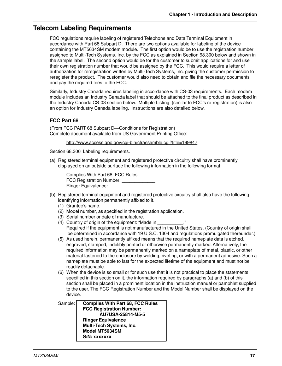 Multi-Tech Systems MT3334SMI manual Telecom Labeling Requirements, FCC Part 