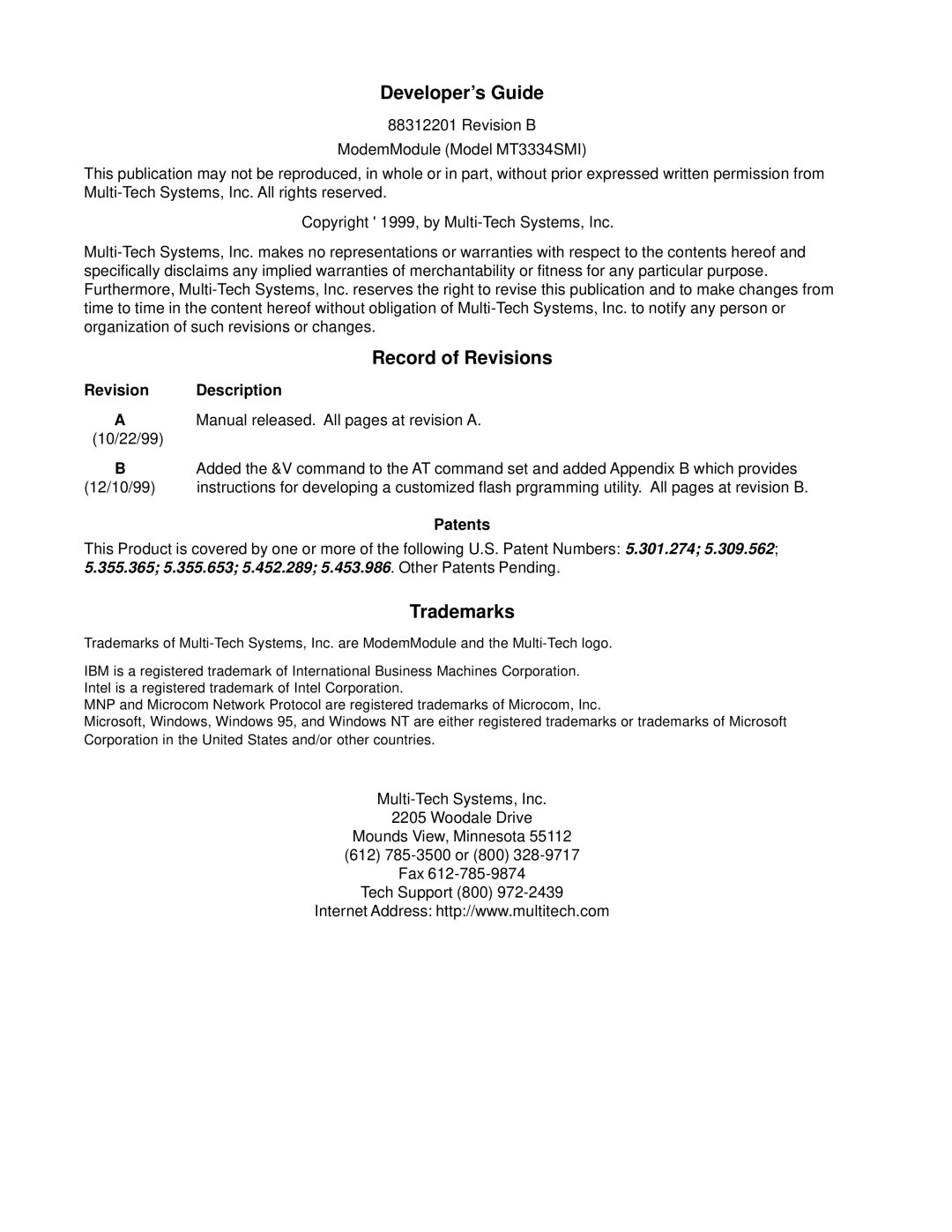 Multi-Tech Systems MT3334SMI manual Revision Description, Patents 