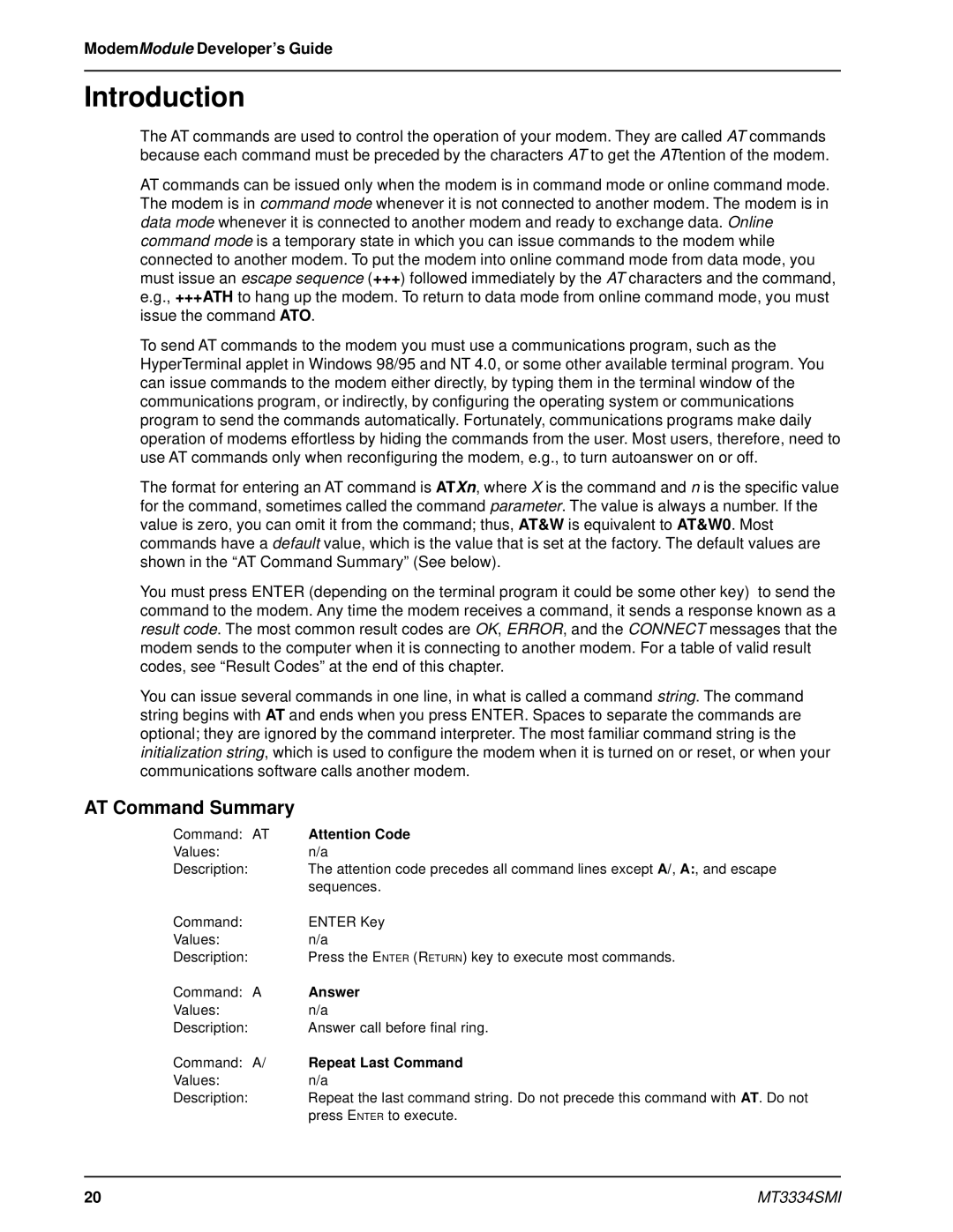 Multi-Tech Systems MT3334SMI manual Answer, Repeat Last Command 