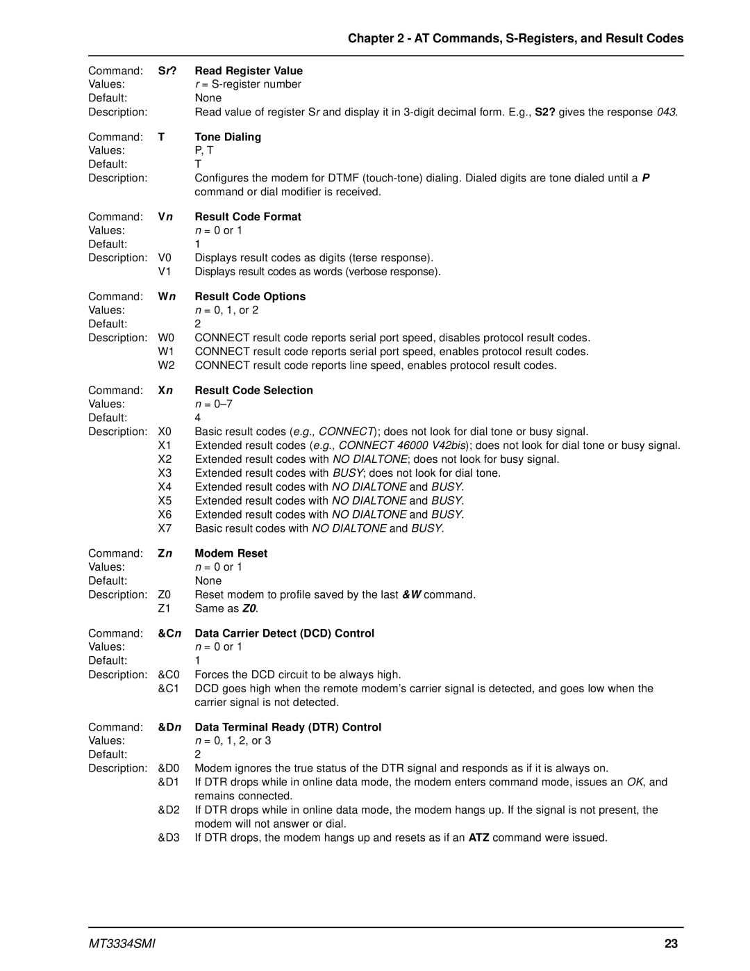 Multi-Tech Systems MT3334SMI Sr? Read Register Value, Tone Dialing, Result Code Format, Result Code Options, Modem Reset 