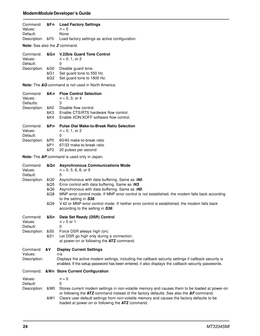 Multi-Tech Systems MT3334SMI manual Command &Fn Load Factory Settings, 22bis Guard Tone Control, Flow Control Selection 