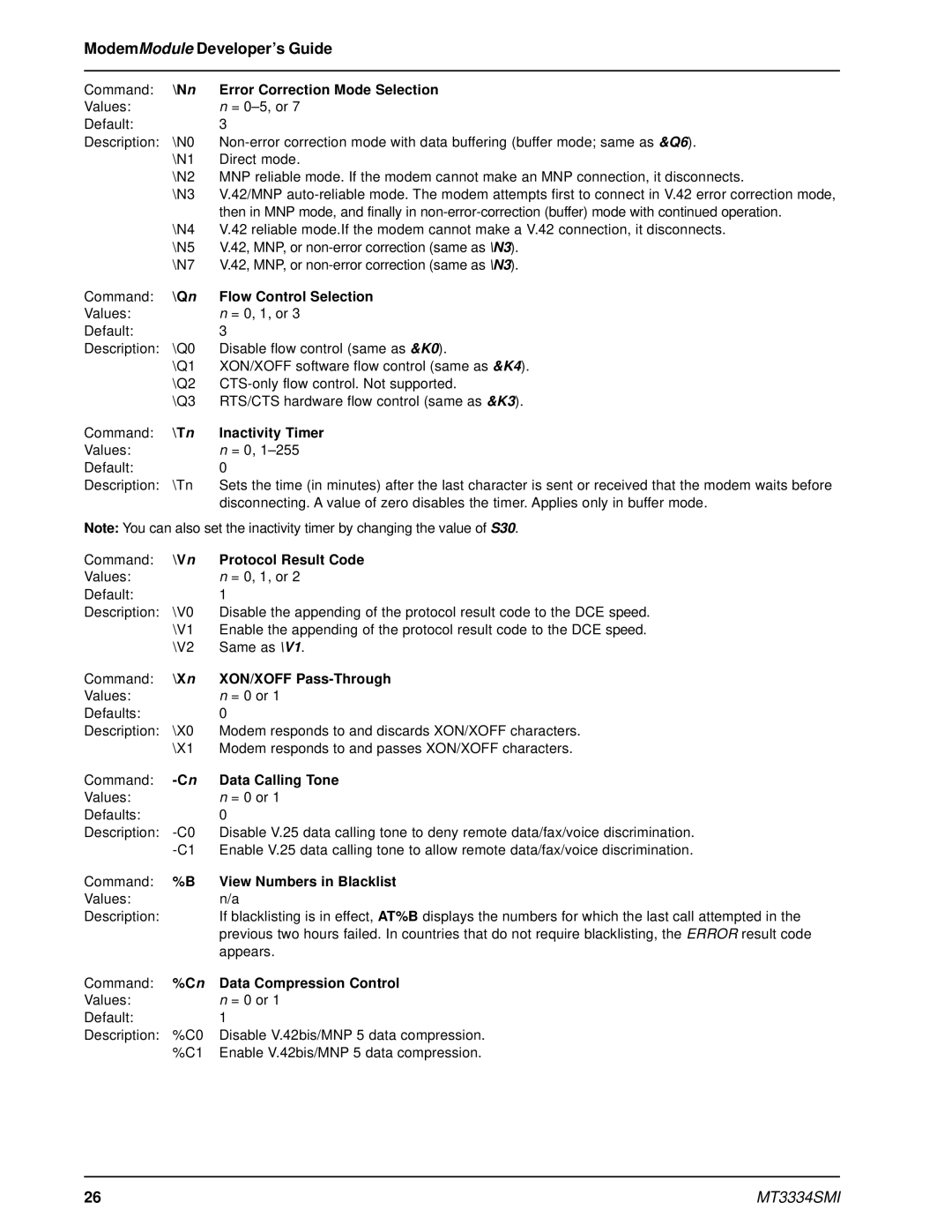 Multi-Tech Systems MT3334SMI manual Nn Error Correction Mode Selection, Qn Flow Control Selection, Tn Inactivity Timer 