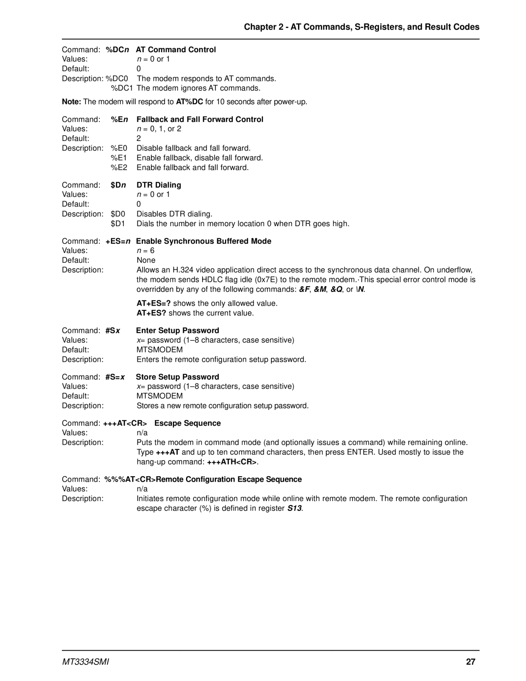 Multi-Tech Systems MT3334SMI Command %DCn AT Command Control, Command %En Fallback and Fall Forward Control, DTR Dialing 