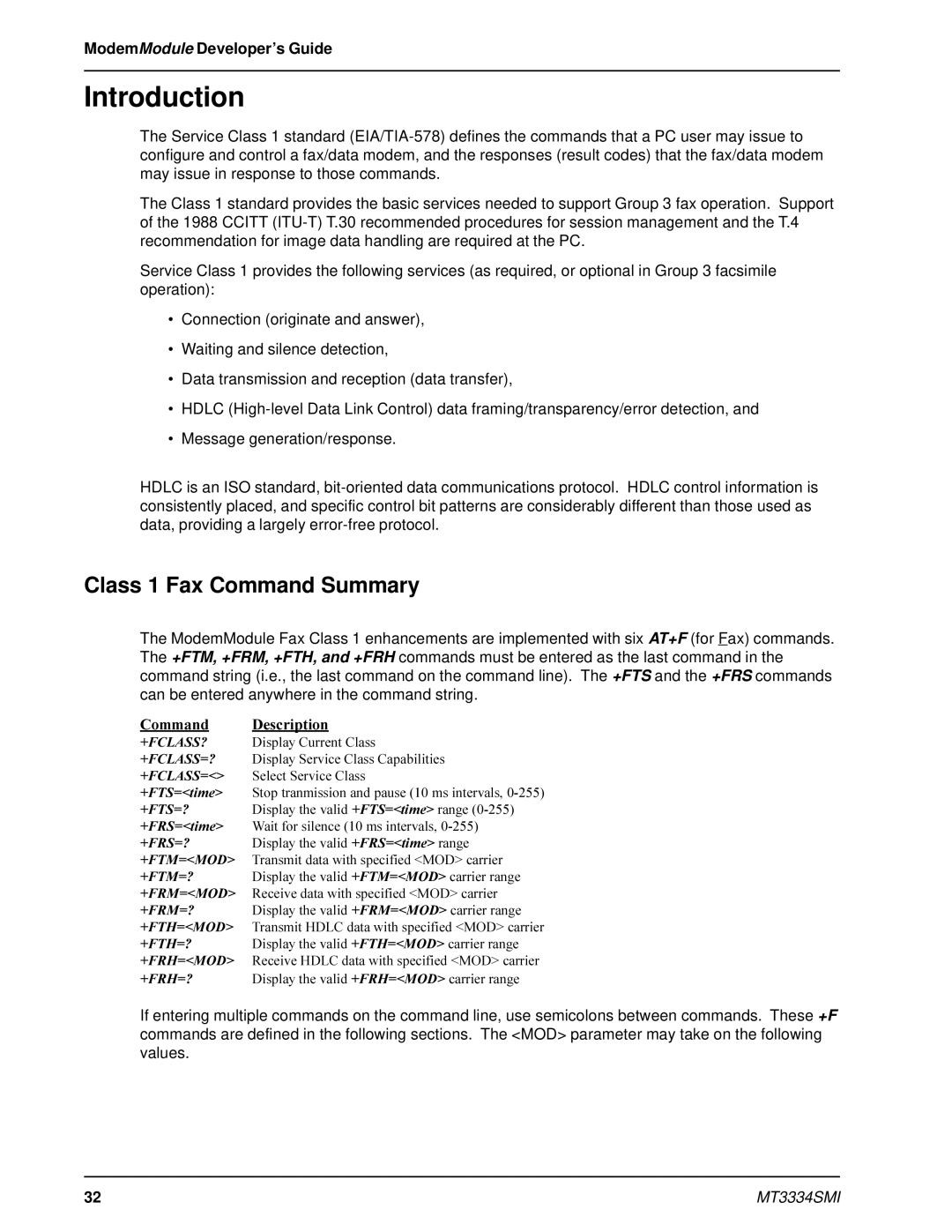 Multi-Tech Systems MT3334SMI manual Class 1 Fax Command Summary, Command Description 