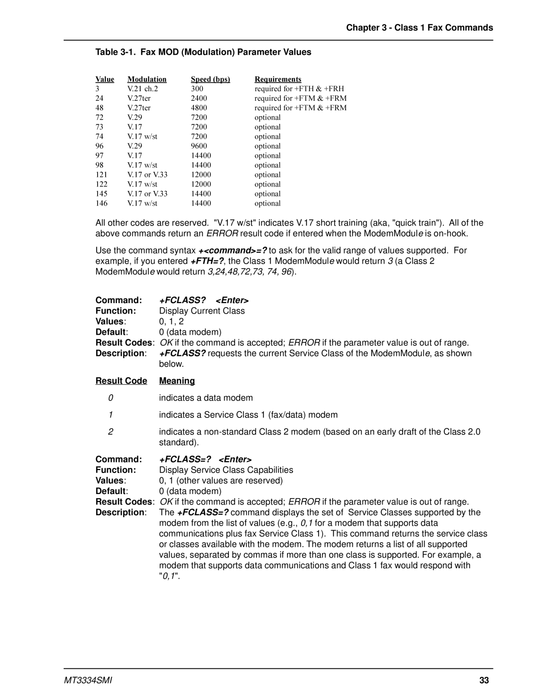 Multi-Tech Systems MT3334SMI manual Class 1 Fax Commands Fax MOD Modulation Parameter Values, Result Code Meaning 