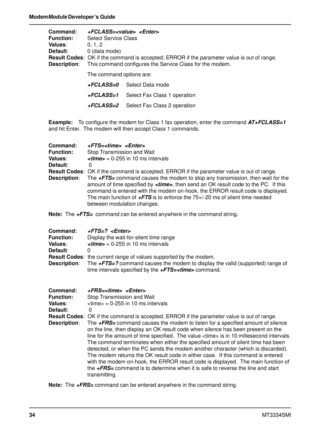 Multi-Tech Systems MT3334SMI ModemModule Developer’s Guide Command, Function Select Service Class Values Default Data mode 