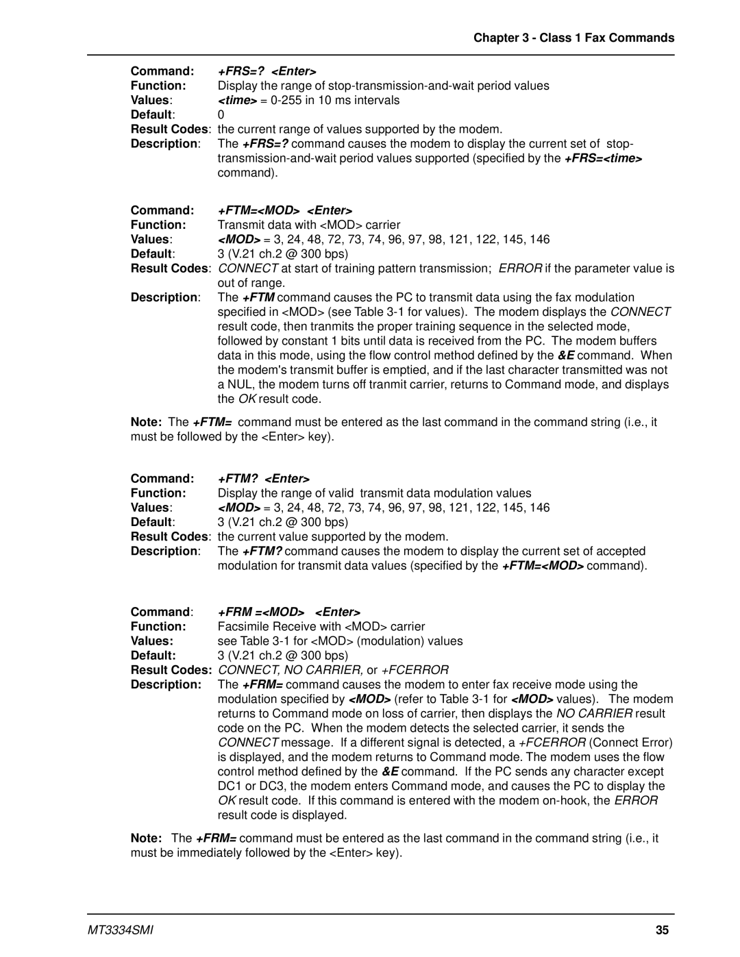 Multi-Tech Systems MT3334SMI manual Class 1 Fax Commands, +FRS=? Enter 
