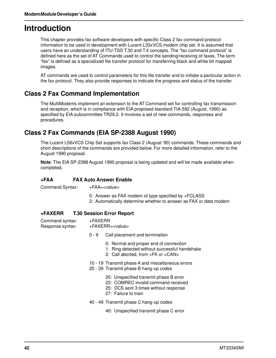 Multi-Tech Systems MT3334SMI Class 2 Fax Command Implementation, Class 2 Fax Commands EIA SP-2388 August, +Faa, +Faxerr 