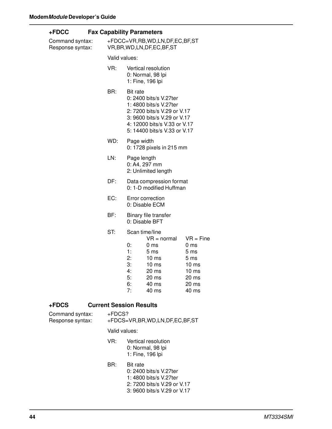 Multi-Tech Systems MT3334SMI manual +Fdcc, Fax Capability Parameters, +Fdcs, Current Session Results 