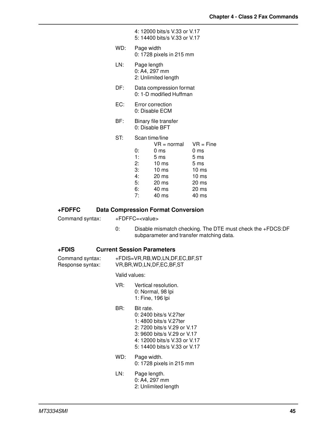 Multi-Tech Systems MT3334SMI manual +Fdffc, Data Compression Format Conversion, +Fdis, Current Session Parameters 