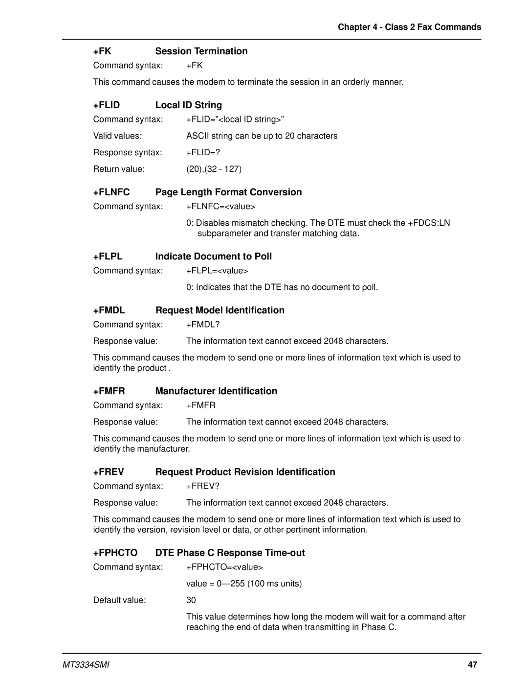 Multi-Tech Systems MT3334SMI manual +Fk, +Flid, +Flnfc, +Flpl, +Fmdl, +Fmfr, +Frev 