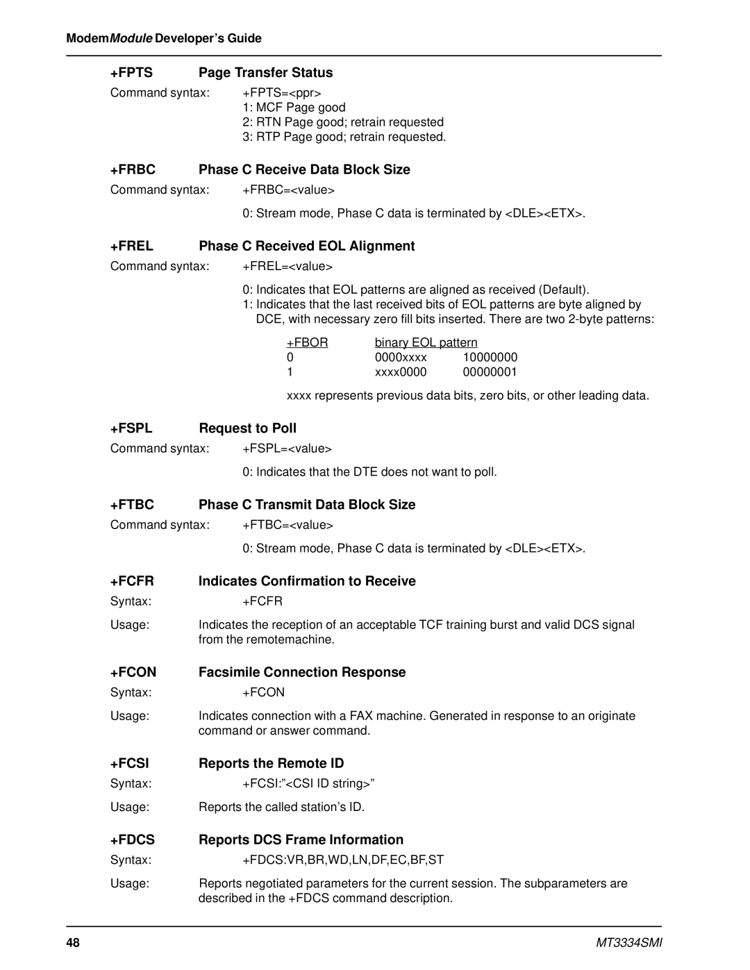 Multi-Tech Systems MT3334SMI manual +Fpts, +Frbc, +Frel, +Fspl, +Ftbc, +Fcfr, +Fcon, +Fcsi 