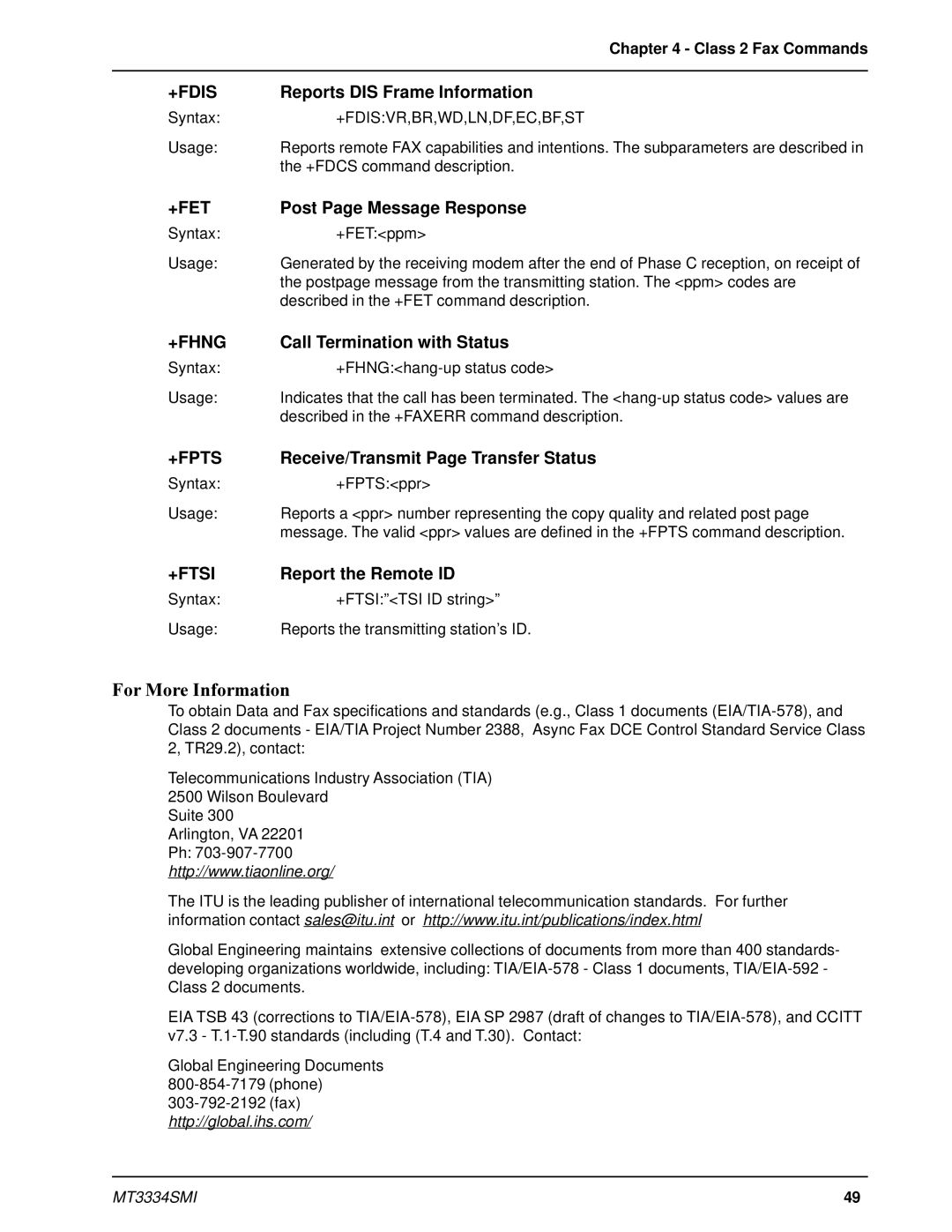 Multi-Tech Systems MT3334SMI manual +Fhng, +Ftsi 