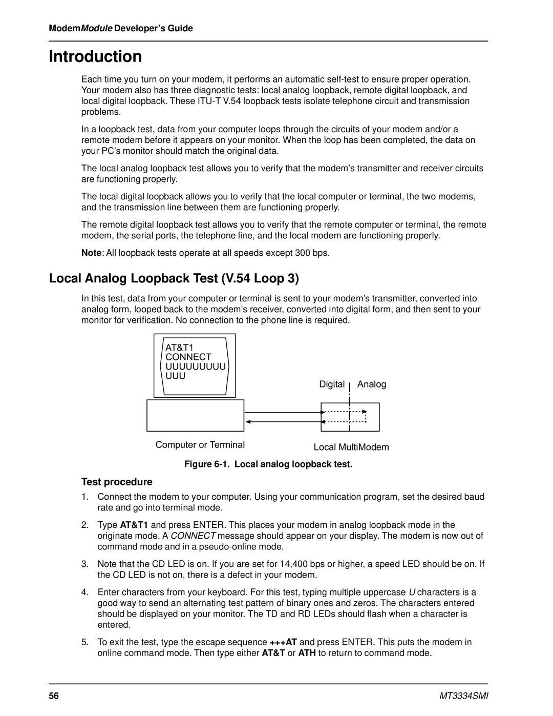 Multi-Tech Systems MT3334SMI manual Local Analog Loopback Test V.54 Loop, Test procedure 