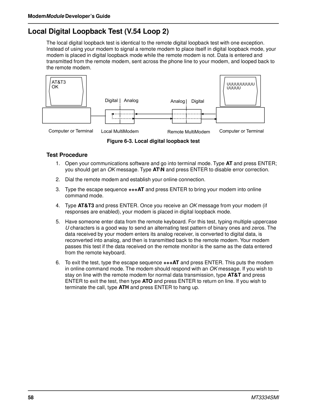 Multi-Tech Systems MT3334SMI manual Local Digital Loopback Test V.54 Loop, Local digital loopback test 