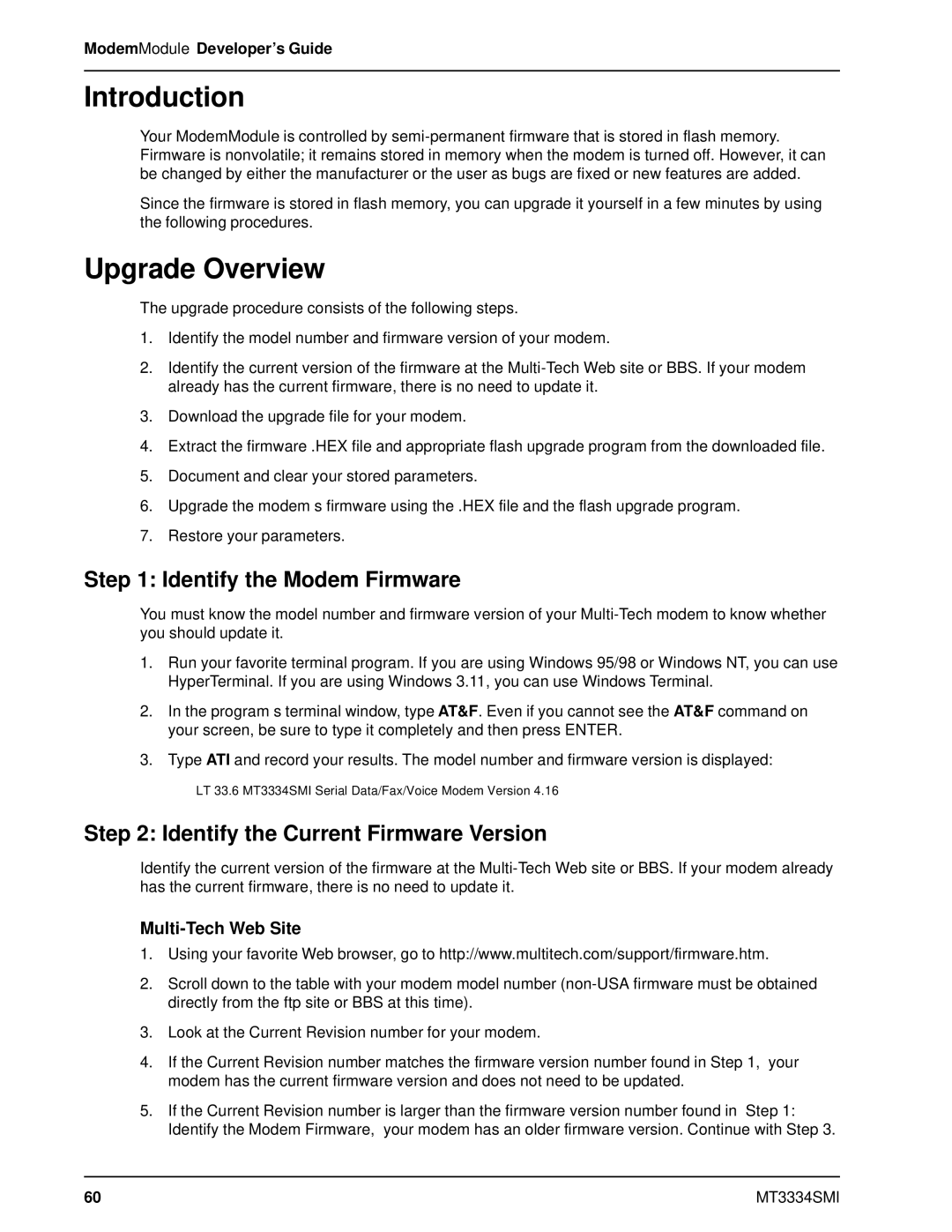 Multi-Tech Systems MT3334SMI manual Upgrade Overview, Identify the Modem Firmware, Identify the Current Firmware Version 