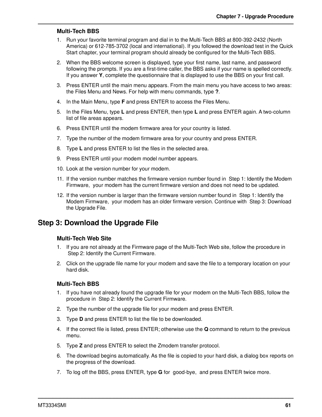 Multi-Tech Systems MT3334SMI manual Download the Upgrade File, Multi-Tech BBS, Upgrade Procedure 