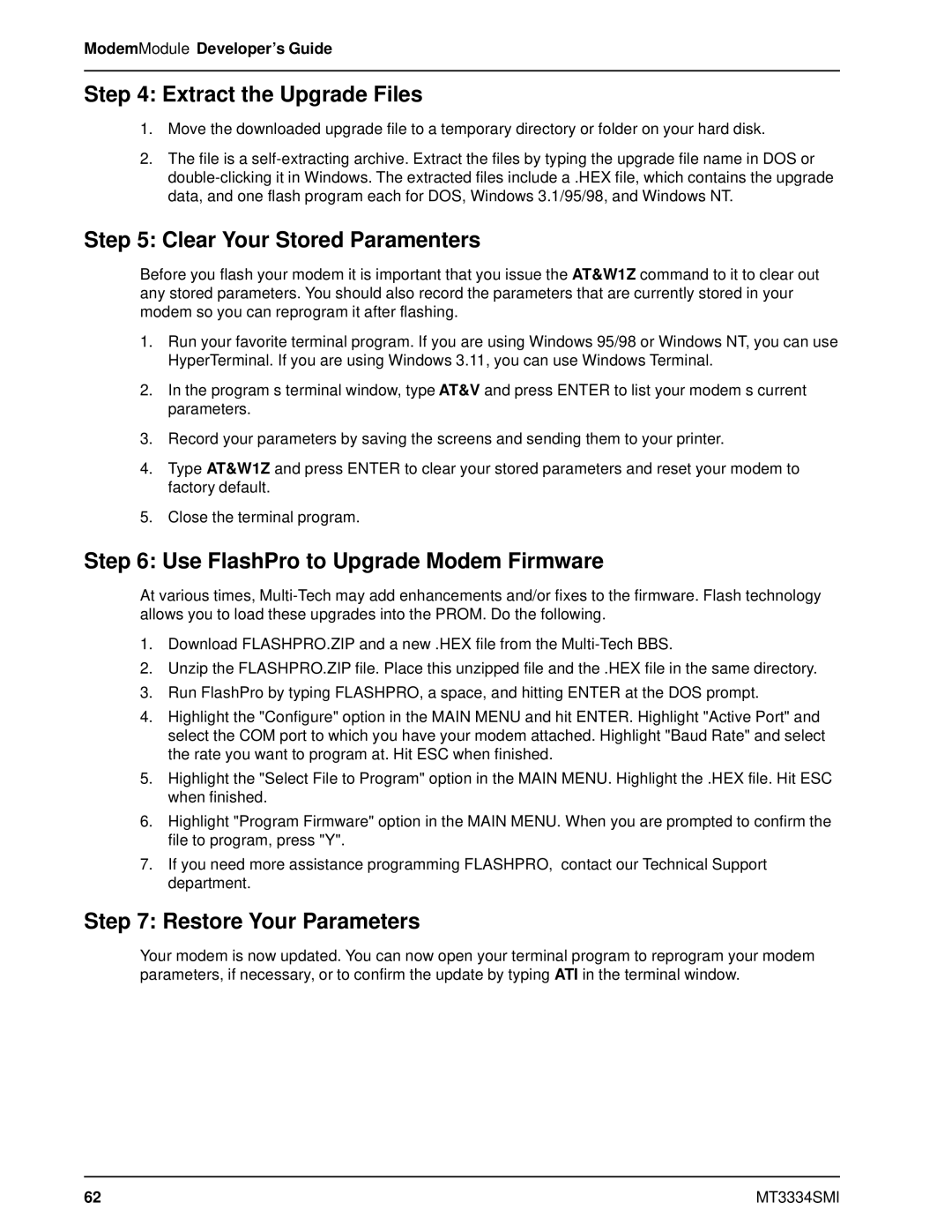 Multi-Tech Systems MT3334SMI manual Extract the Upgrade Files, Clear Your Stored Paramenters, Restore Your Parameters 