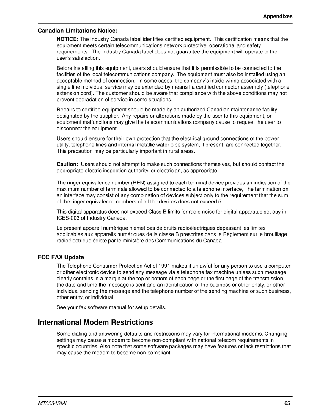 Multi-Tech Systems MT3334SMI International Modem Restrictions, Canadian Limitations Notice, FCC FAX Update, Appendixes 