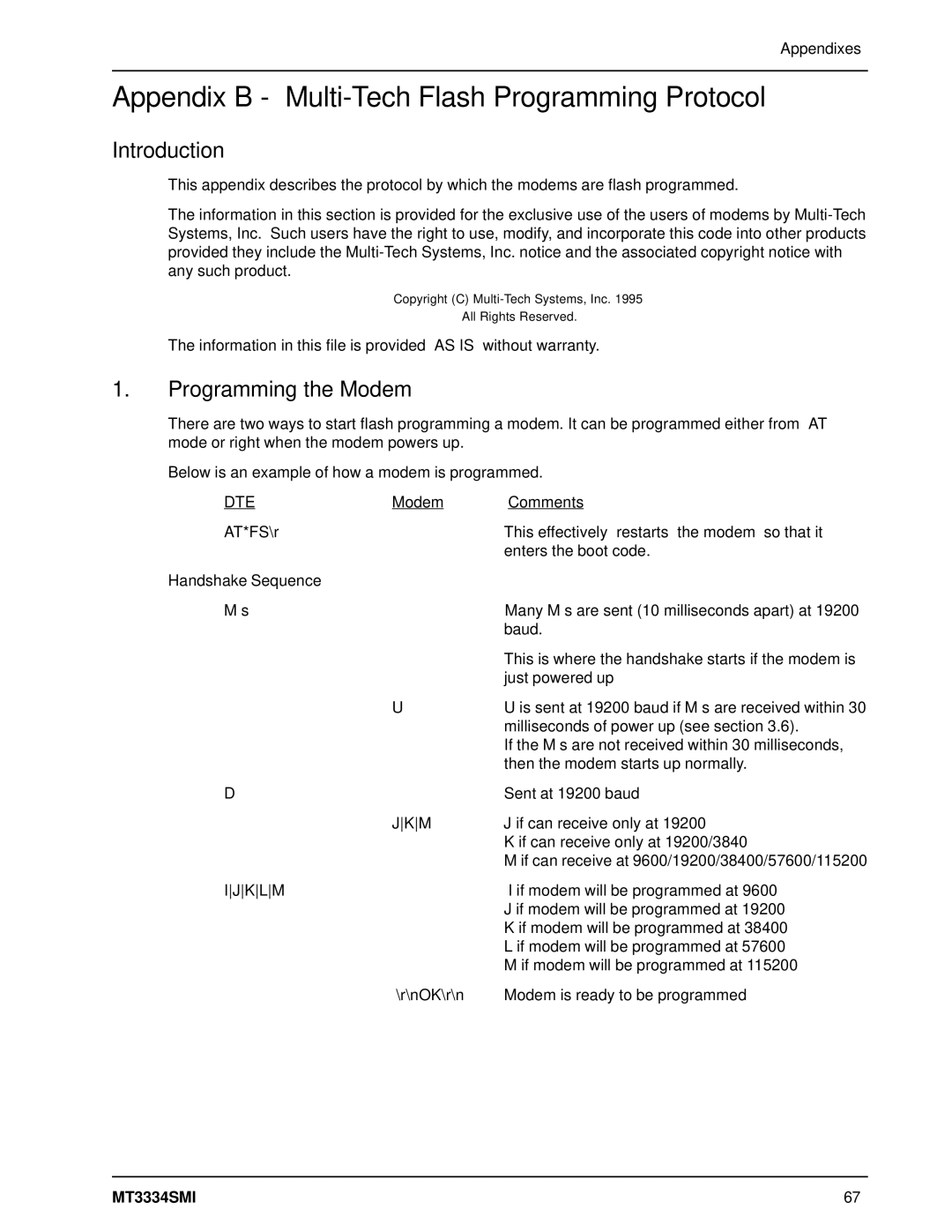 Multi-Tech Systems MT3334SMI manual Appendix B Multi-Tech Flash Programming Protocol, Introduction, Programming the Modem 