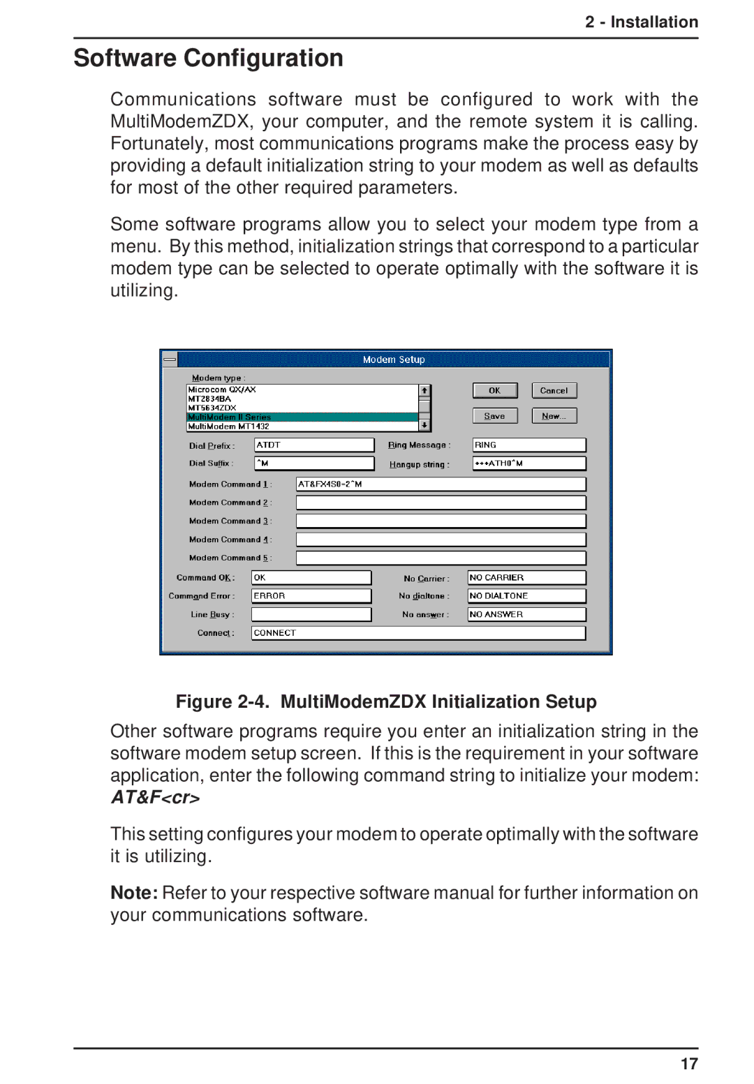 Multi-Tech Systems MT3334ZDXV owner manual Software Configuration, AT&Fcr 