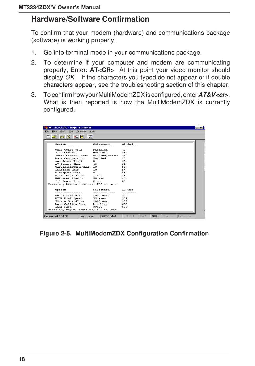 Multi-Tech Systems MT3334ZDXV owner manual Hardware/Software Confirmation, MultiModemZDX Configuration Confirmation 