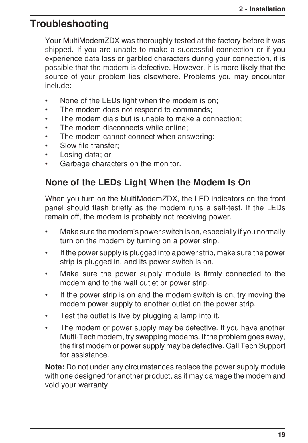 Multi-Tech Systems MT3334ZDXV owner manual Troubleshooting, None of the LEDs Light When the Modem Is On 