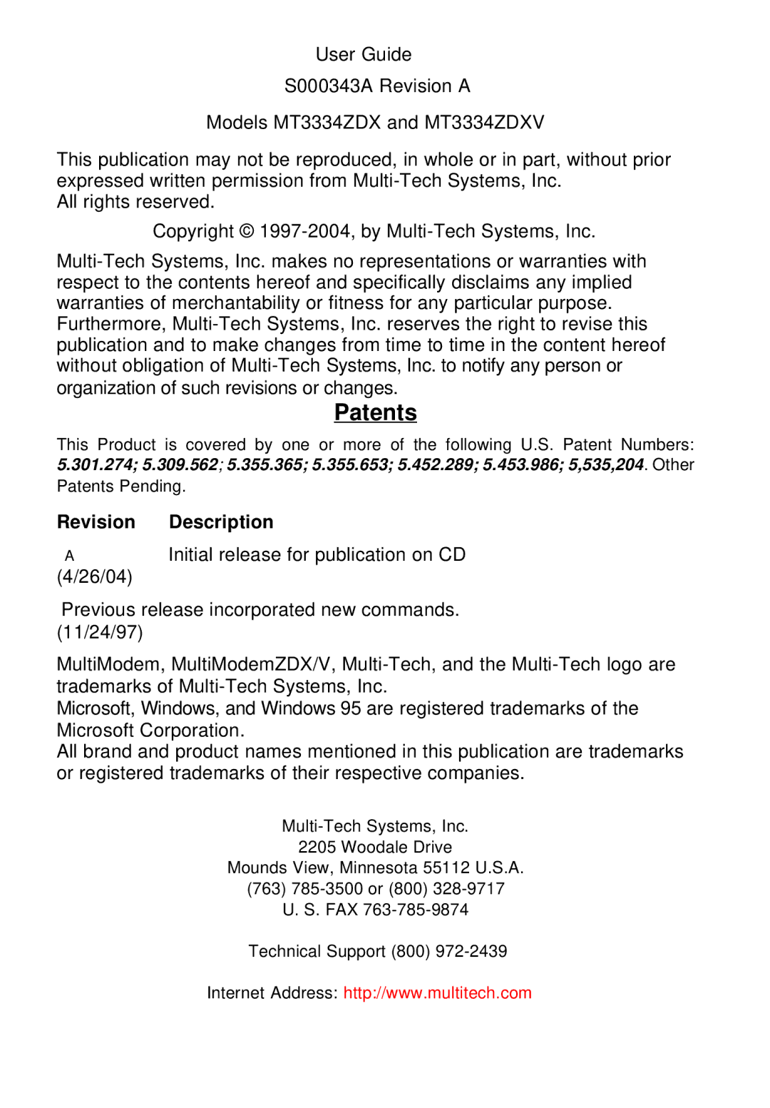 Multi-Tech Systems MT3334ZDXV owner manual Patents, Revision Description 