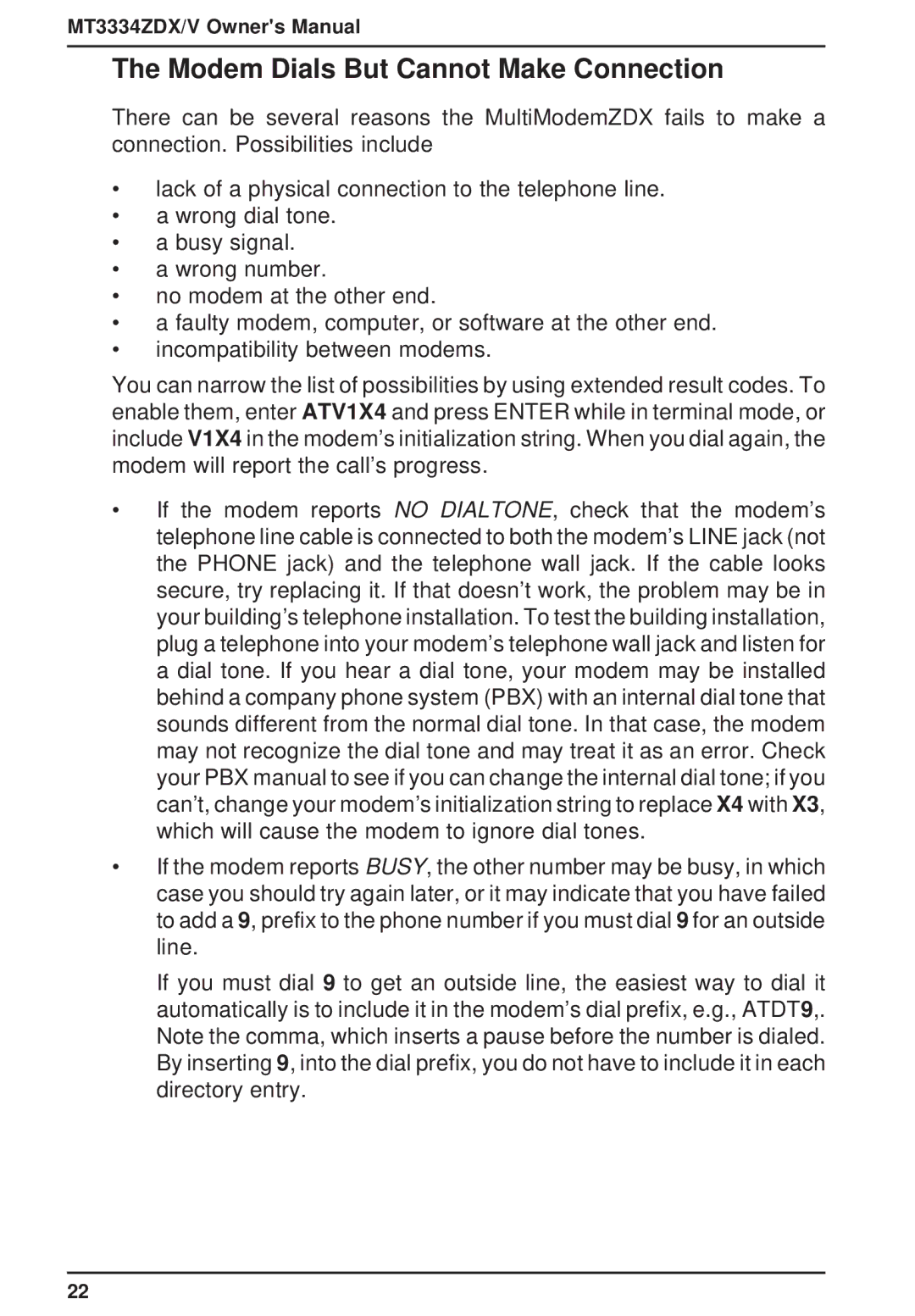 Multi-Tech Systems MT3334ZDXV owner manual Modem Dials But Cannot Make Connection 