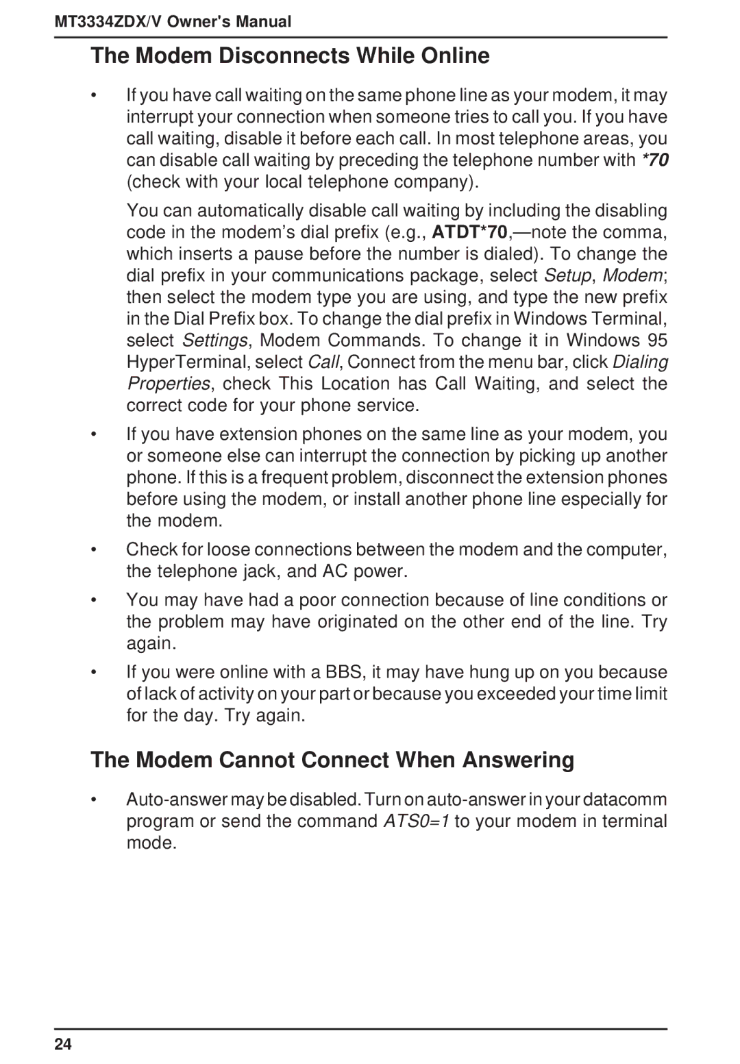 Multi-Tech Systems MT3334ZDXV owner manual Modem Disconnects While Online, Modem Cannot Connect When Answering 