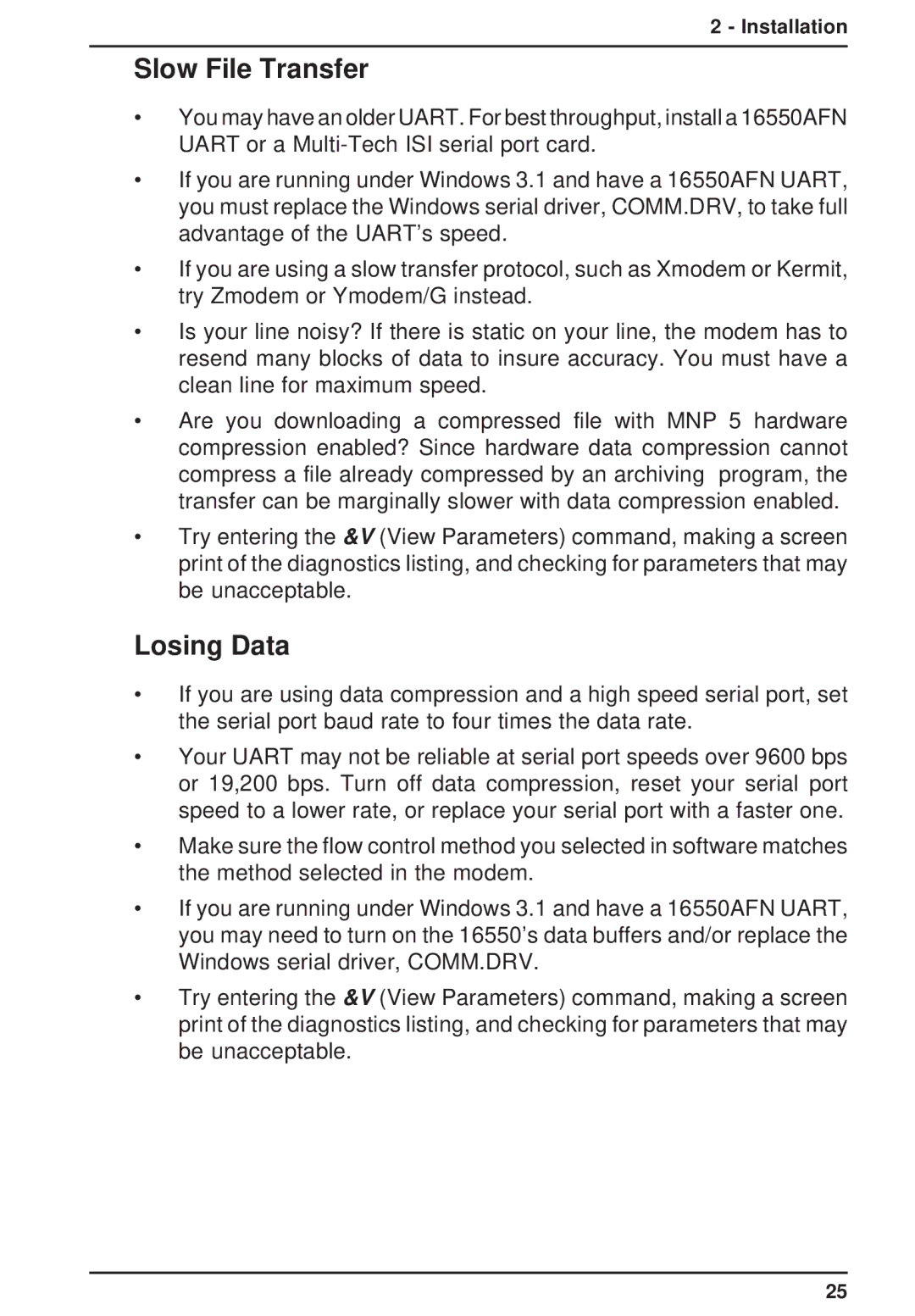 Multi-Tech Systems MT3334ZDXV owner manual Slow File Transfer, Losing Data 