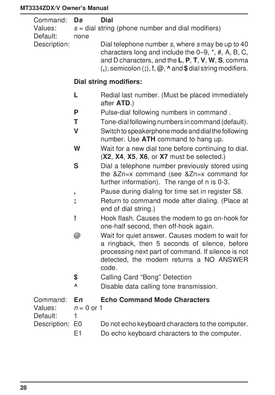 Multi-Tech Systems MT3334ZDXV owner manual Dial string modifiers, Echo Command Mode Characters 