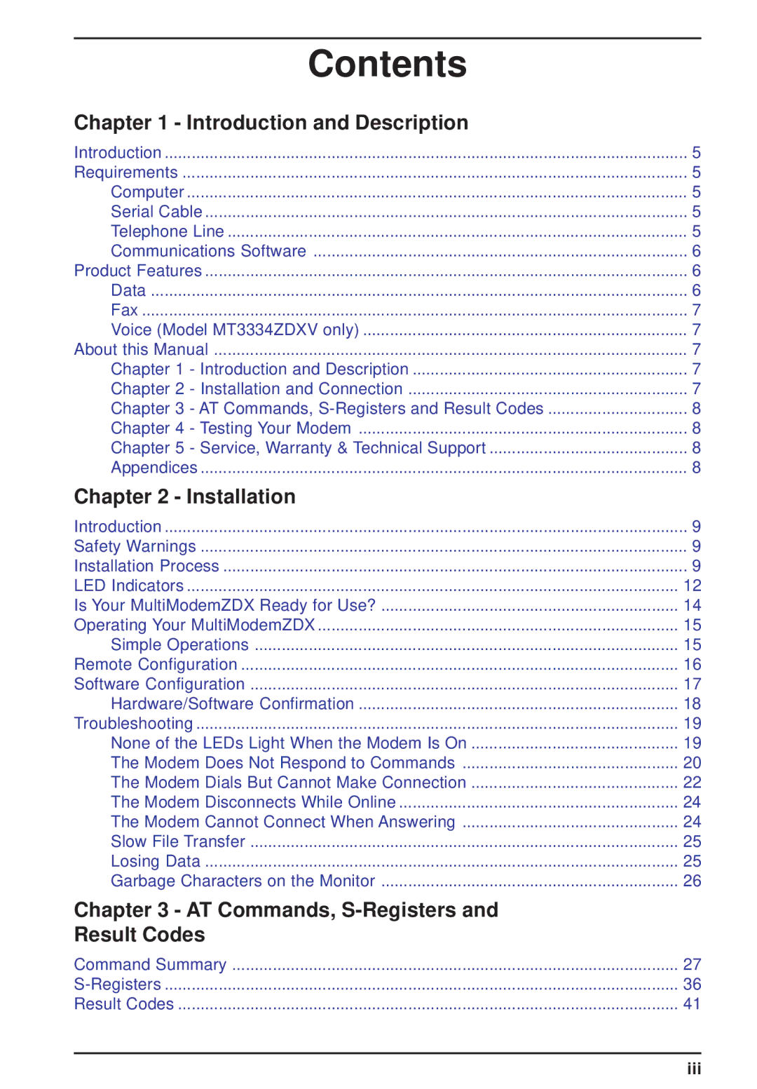 Multi-Tech Systems MT3334ZDXV owner manual Contents 